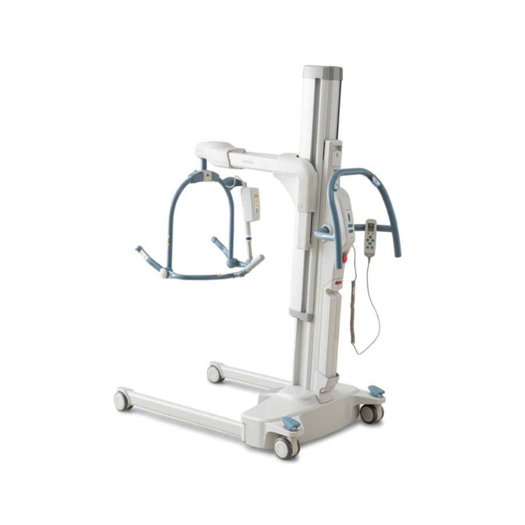 The ARJO Maxi Move 5 Multifunctional Patient Floor Lift is a white and blue lift with wheels, adjustable arm, and handheld control, designed for safe handling and transfer of mobility-impaired individuals, shown against a plain white background.